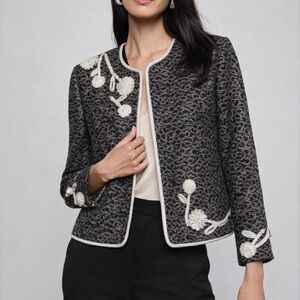 St. John Couture Textured Blazer  – Black & White – Floral Appliqué – Size 12